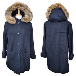 Vint. CHARLES KLEIN Black Wool Hooded Peacoat with Genuine Fur Trim
